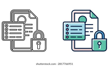 Secure document protection icon set featuring a file sheet, privacy list, and padlock.