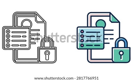 Secure document protection icon set featuring a file sheet, privacy list, and padlock.
