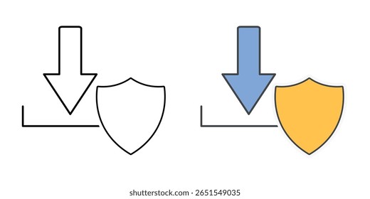 Ícone de download seguro com seta de download e símbolo de escudo, ideal para a transferência segura de arquivos, proteção on-line e ilustrações de privacidade digital.