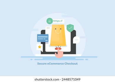 Proceso de pago seguro de comercio electrónico, Completar compra seguro, Sitio web de comercio electrónico con protección SSL, Sitio web de protección de datos del Cliente, pasarela de pago seguro - Ilustración vectorial con iconos