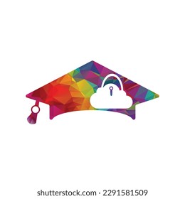 Plantilla de diseño del logotipo del vector de educación segura. Tapa de graduación con icono de bloqueo.