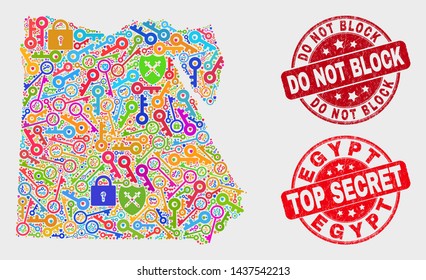 Secure Egypt map and seal stamps. Red round Top Secret and Do Not Block scratched seal stamps. Bright Egypt map mosaic of different protection icons. Vector composition for keeping purposes.