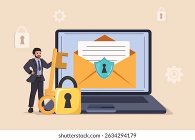 Comunicación segura de correo electrónico y privacidad digital: hombre de negocios que garantiza la confidencialidad con llave y candado para mensajes en línea.