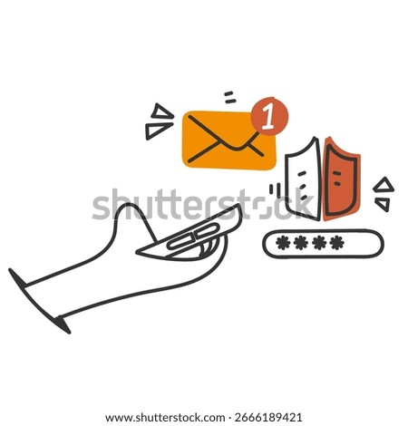 secure email login on mobile phone in hand drawn doodle style