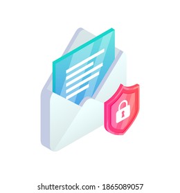 Secure email service isometric icon. Safe Mobile mail, 3d e-mail sign with shield. Private data in social network, sms chat protection, cyber security vector symbol for web, landing, infographic, app