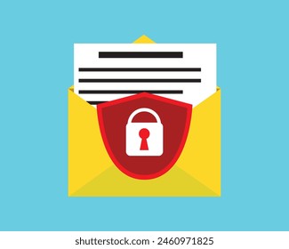 Icono isométrico del servicio de correo electrónico seguro. Correo móvil seguro, correo electrónico con escudo. Datos privados en redes sociales, protección de chat sms, Vector de seguridad cibernética para Web, aterrizaje, infografía, App