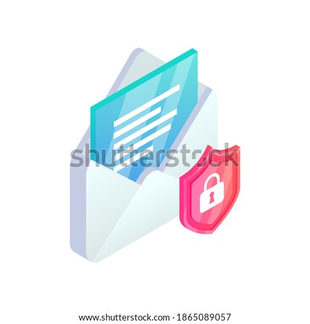 Secure email service isometric icon. Safe Mobile mail, 3d e-mail sign with shield. Private data in social network, sms chat protection, cyber security vector symbol for web, landing, infographic, app