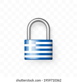 Secure enclosed padlock with the flag of Greece. Isolated on checkered background. Lock icon. Data protection, Security Secret information, Border is locked, Lockdown concept. 3d vector