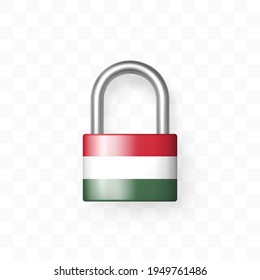 Candado cerrado seguro con la imagen de la bandera de Hungría. Aislado en el fondo a cuadros. Icono de bloqueo. Protección de datos, Información secreta de seguridad, Borde bloqueado, concepto de bloqueo. 3.ᵉʳ vector