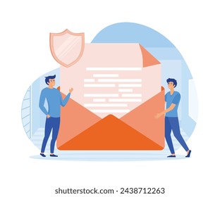 Secure, encrypted messages, emails. Two people stand near big envelope, letter with shield. flat vector modern illustration 