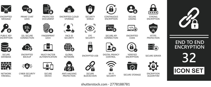 Secure end-to-end encryption solid icon set. Features private messaging, data privacy, cryptographic key, and digital security glyph symbols.