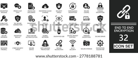 Secure end-to-end encryption solid icon set. Features private messaging, data privacy, cryptographic key, and digital security glyph symbols.