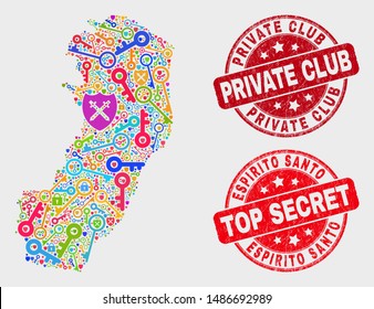 Secure Espirito Santo State map and seal stamps. Red rounded Top Secret and Private Club distress seal stamps. Colorful Espirito Santo State map mosaic of different access symbols.