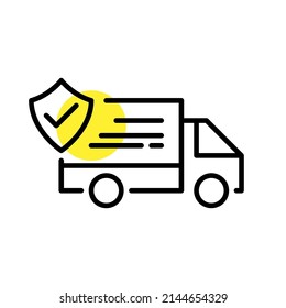 Secure e-store delivery method. Truck with a shield icon. Pixel perfect, editable stroke line art