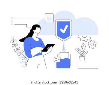 Ilustración vectorial de concepto abstracto de uso compartido de archivos seguro. Alojamiento seguro de archivos, uso compartido seguro de documentos, almacenamiento de datos hospedado, información comercial, metáfora abstracta de seguridad de oficinas remotas.