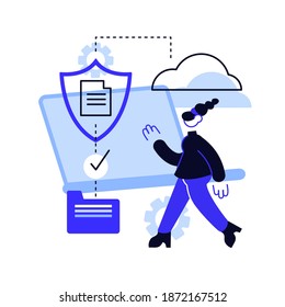 Secure file sharing. Users upload and download media content. People holding folders with various files. Online cloud technology, social network. Safe connection. Flat vector illustration
