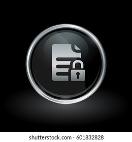 Secure file symbol with padlock and page icon inside round chrome silver and black button emblem on black background. Vector illustration.