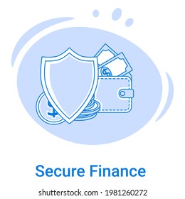 Finanzas seguras y pagos.Uso de tecnologías modernas para la transferencia y almacenamiento seguros de dinero.Ilustración vectorial de un icono de línea delgada sobre un fondo azul.