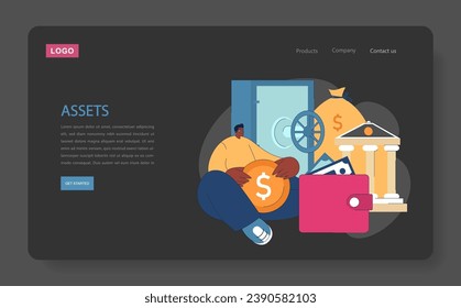 Secure Financial Assets. Confident man with a giant coin beside vault, wallet, banknotes, and classic bank structure. Protection and growth of wealth. Flat vector web illustration.