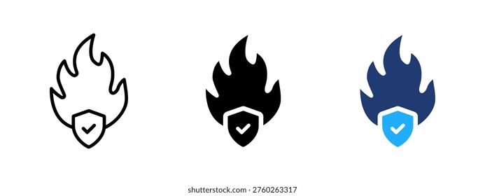 Secure fire icon with shield. Flame and protection symbol. Burn, blaze and hazard sign. Safety and guard concept representing controlled fire and risk prevention.