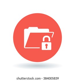 Secure folder icon. Folder with padlock sign. Password protected document symbol. White  icon on red circle background. Vector illustration.