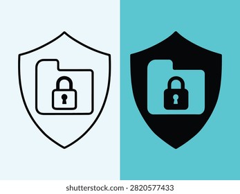 Secure folder protection shield icon featuring digital directory silhouette for private data storage and file organization safety vector