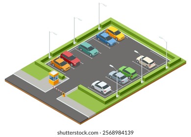 Secure gated parking lot isometric design with lush green hedges and vibrant vehicles. Features an entrance booth and lighting setup