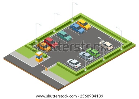 Secure gated parking lot isometric design with lush green hedges and vibrant vehicles. Features an entrance booth and lighting setup