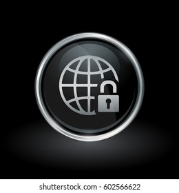 Secure global network symbol with globe and padlock icon inside round chrome silver and black button emblem on black background. Vector illustration.