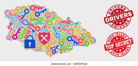 Secure Gozo Island map and seal stamps. Red round Top Secret and Drivers scratched seal stamps. Bright Gozo Island map mosaic of different key icons. Vector combination for security purposes.
