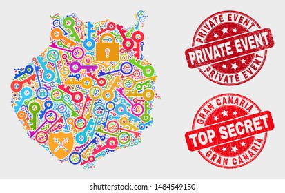 Secure Gran Canaria map and seal stamps. Red round Top Secret and Private Event textured seal stamps. Colored Gran Canaria map mosaic of different registration items.