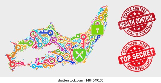 Secure Great Inagua Island map and seal stamps. Red rounded Top Secret and Health Control distress seal stamps. Colorful Great Inagua Island map mosaic of different secure items.