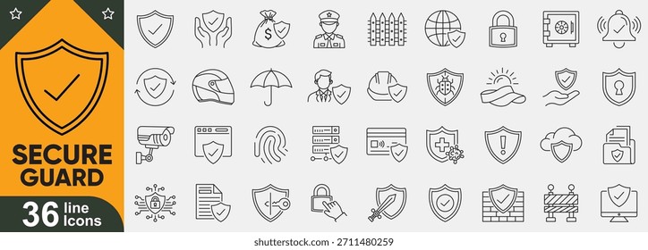 Coleção segura de ícones de linha de proteção. Conjunto completo de vetores de segurança digital, escudo e contorno de segurança.