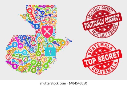 Secure Guatemala map and seal stamps. Red rounded Top Secret and Politically Correct distress stamps. Colorful Guatemala map mosaic of different lock symbols. Vector collage for keeping purposes.