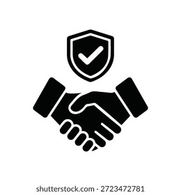 Icono de apretón de manos seguro con símbolo de escudo que representa confianza y protección. Antecedentes incluidos.