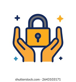 Secure hands protect a golden lock. Icon symbol illustration