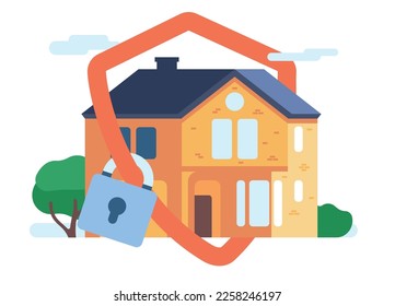 Secure home. House protection with safety system. Insured mansion. Security shield with lock. Property defense. Real estate insurance. Residential building safeguard