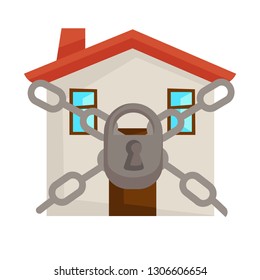 Secure home locked house with steel chains and lock isolated vector building or dwelling forbidden or prohibited entrance protection and defense safe shelter security system closed door or entry.