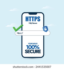 Secure HTTPS concept. Safe browsing and web surfing concept with mobile phone screen having search bar with Https written on it and padlock icon. SSL certificate to ensure data safety and security.