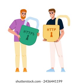 secure https http  vector.  lock website, certificate bar, phishing internet secure https http character. people flat cartoon illustration