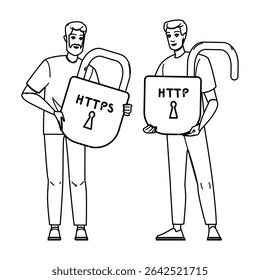 http vetor. lock site seguro https, barra de certificados, phishing internet https seguro caracteres http. pessoas linha preta lápis desenho ilustração