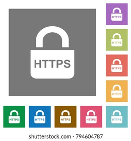 Secure https protocol flat icons on simple color square backgrounds