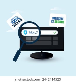 Secure https.Secure website. Our website is secure announcement banner with computer screen having display of search bar with https written on it and magnifying glass. Safe browsing and cyberspace.