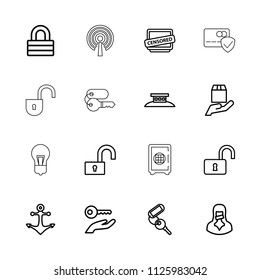 Secure icon. collection of 16 secure outline icons such as key, lock, opened lock, cargo protection, censored woman, censored. editable secure icons for web and mobile.