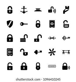 Secure icon. collection of 25 secure filled icons such as lock, opened lock, safe, key, opened security lock, anchor, wire fence. editable secure icons for web and mobile.