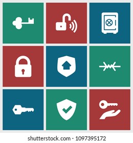 Secure icon. collection of 9 secure filled icons such as lock, safe, shield, key, opened security lock, home security, key on hand. editable secure icons for web and mobile.