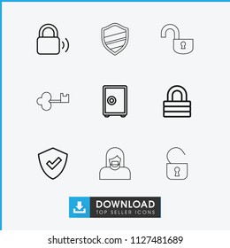 Secure icon. collection of 9 secure outline icons such as lock, shield, safe, opened lock, key. editable secure icons for web and mobile.
