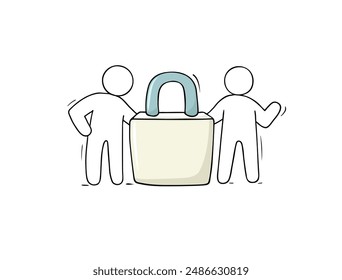 Secure icon with people and lock. Doodle icon of safe payment, finance protection with gold coins, padlock and people. Concept of money safety, protect cash, vector sketch illustration