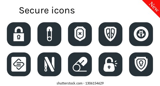 secure icon set. 10 filled secure icons.  Simple modern icons about  - Lock, Safety pin, Shield, Spark page, Key ring