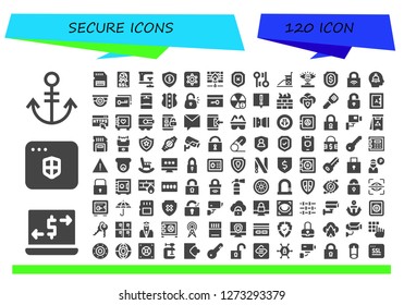 secure icon set. 120 filled secure icons. Simple modern icons about  - Anchor, Money transfer, Antivirus, Sd card, Ssl, Clamp, Security, Hidden camera, Firewall, Shield, Encryption